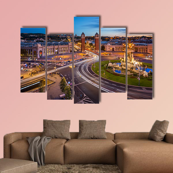 Aerial View on Placa Espanya and Montjuic Hill Spain multi panel canvas wall art