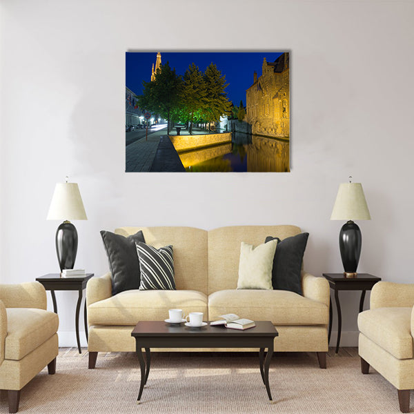 Dijver canal and tower of the Church of Our Lady at night Multi panel canvas wall art