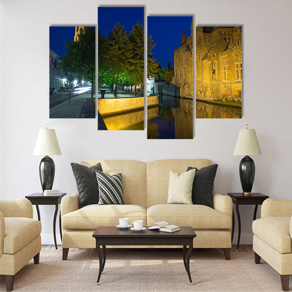 Dijver canal and tower of the Church of Our Lady at night Multi panel canvas wall art