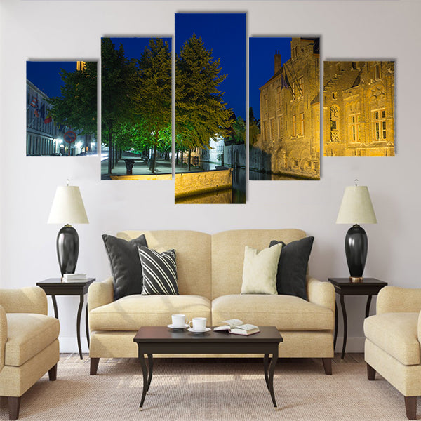 Dijver canal and tower of the Church of Our Lady at night Multi panel canvas wall art