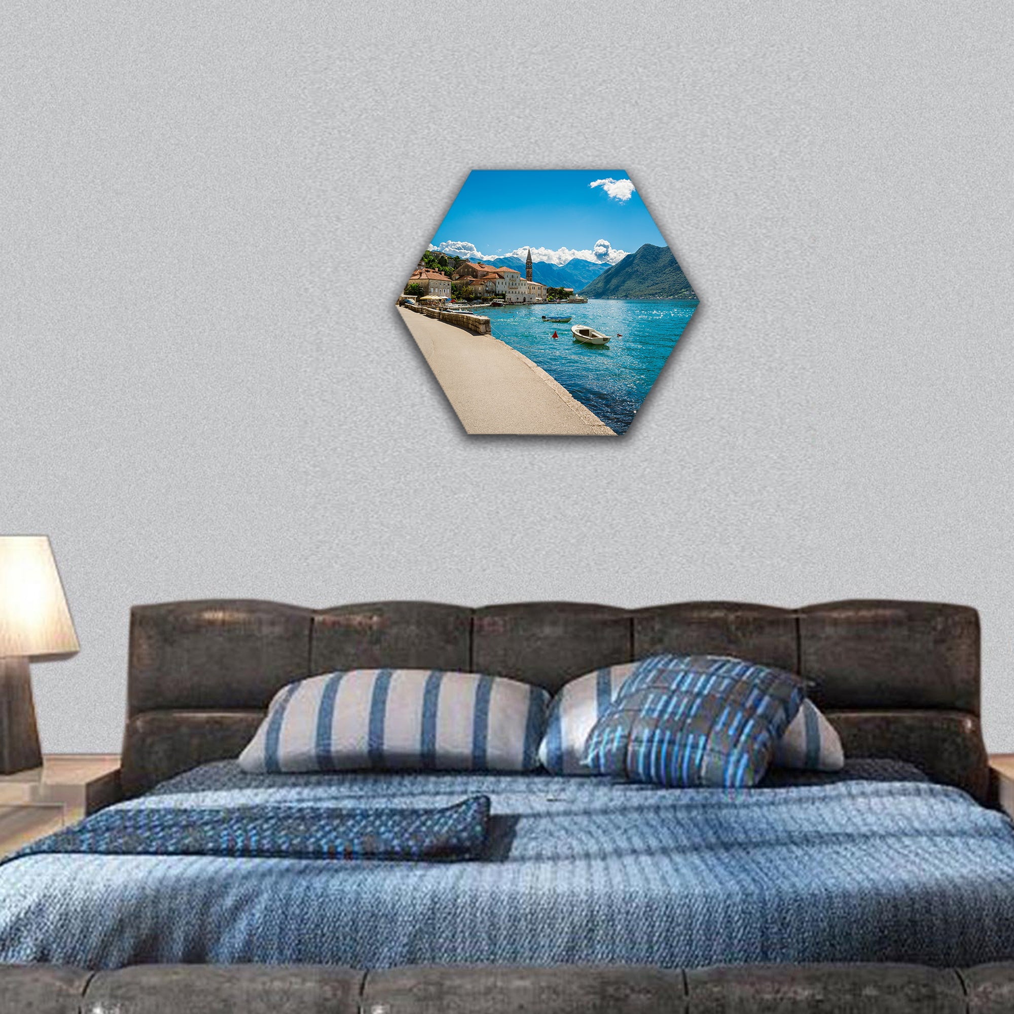 Harbour and boats at Boka Kotor bay Europe hexagonal canvas wall art