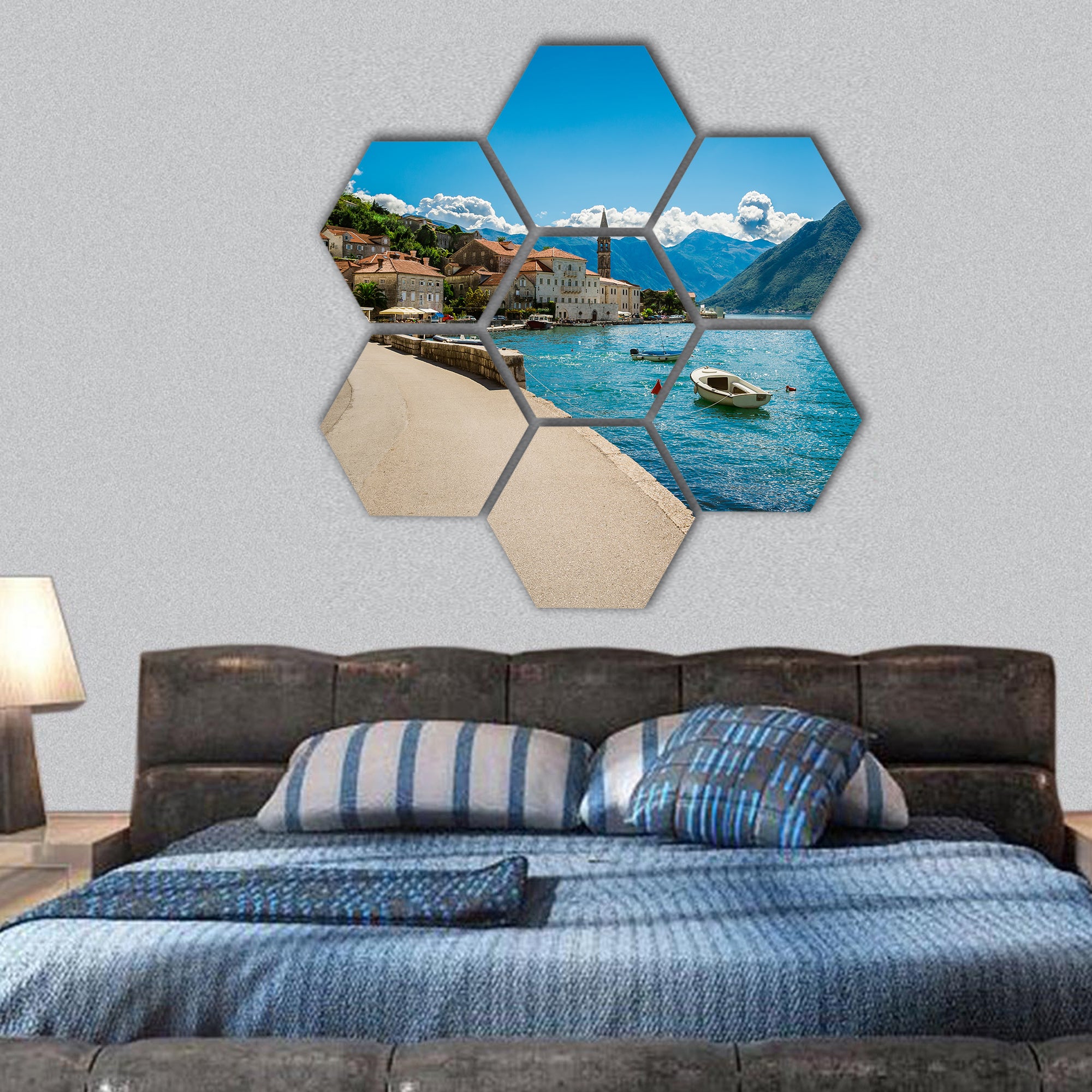 Harbour and boats at Boka Kotor bay Europe hexagonal canvas wall art