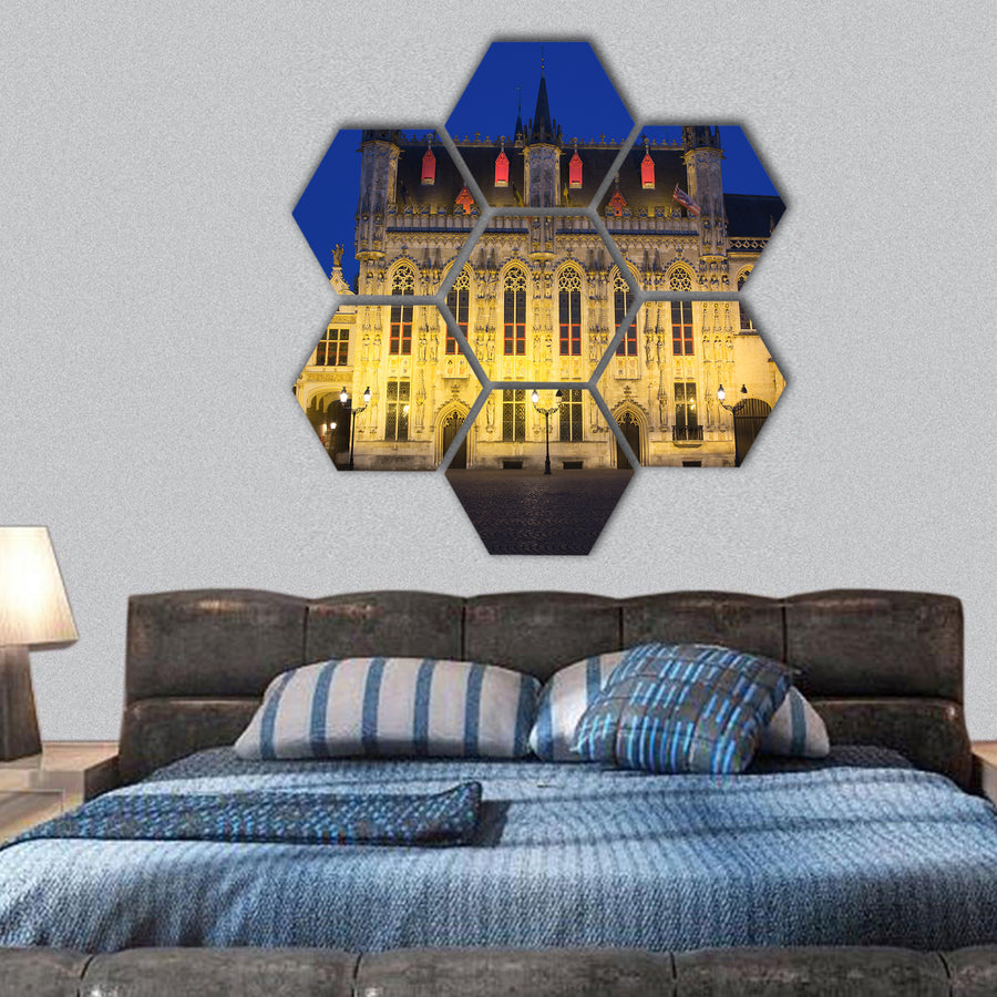 Town Hall and the Burg Square in Bruges at night hexagonal canvas wall art