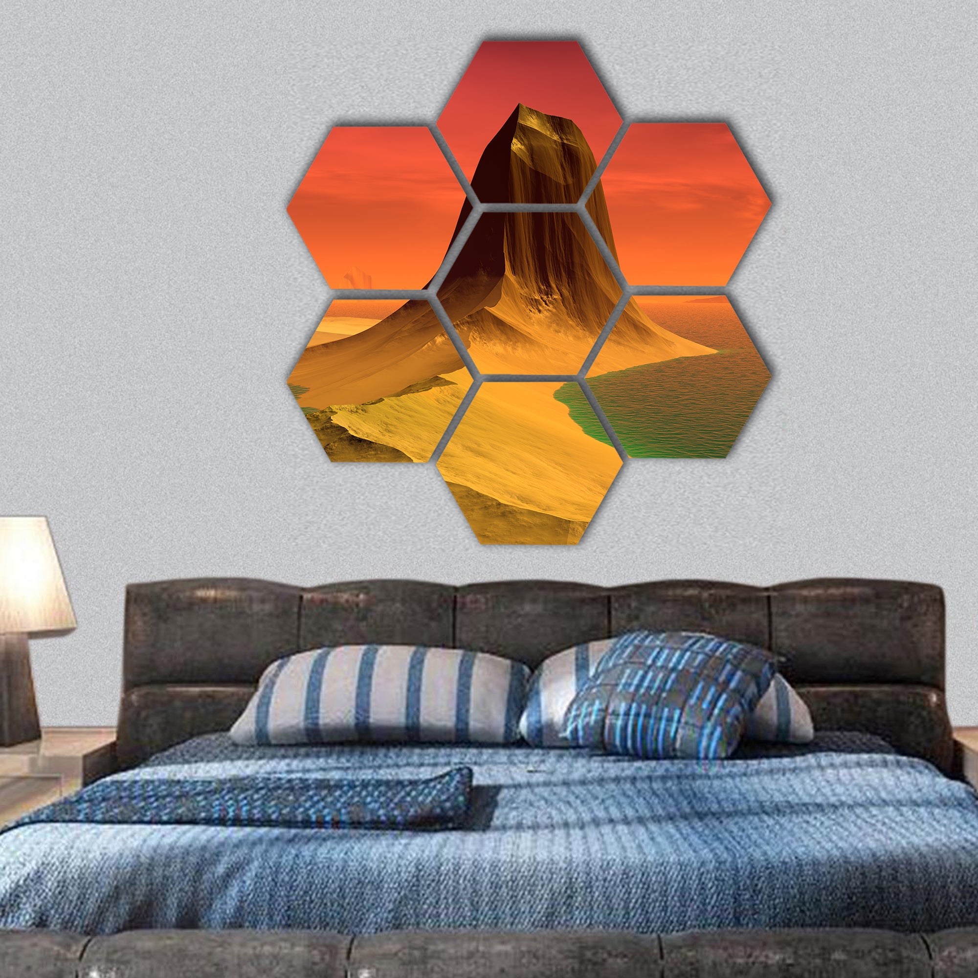 Alien Planet - Rocks and lake hexagonal canvas wall art