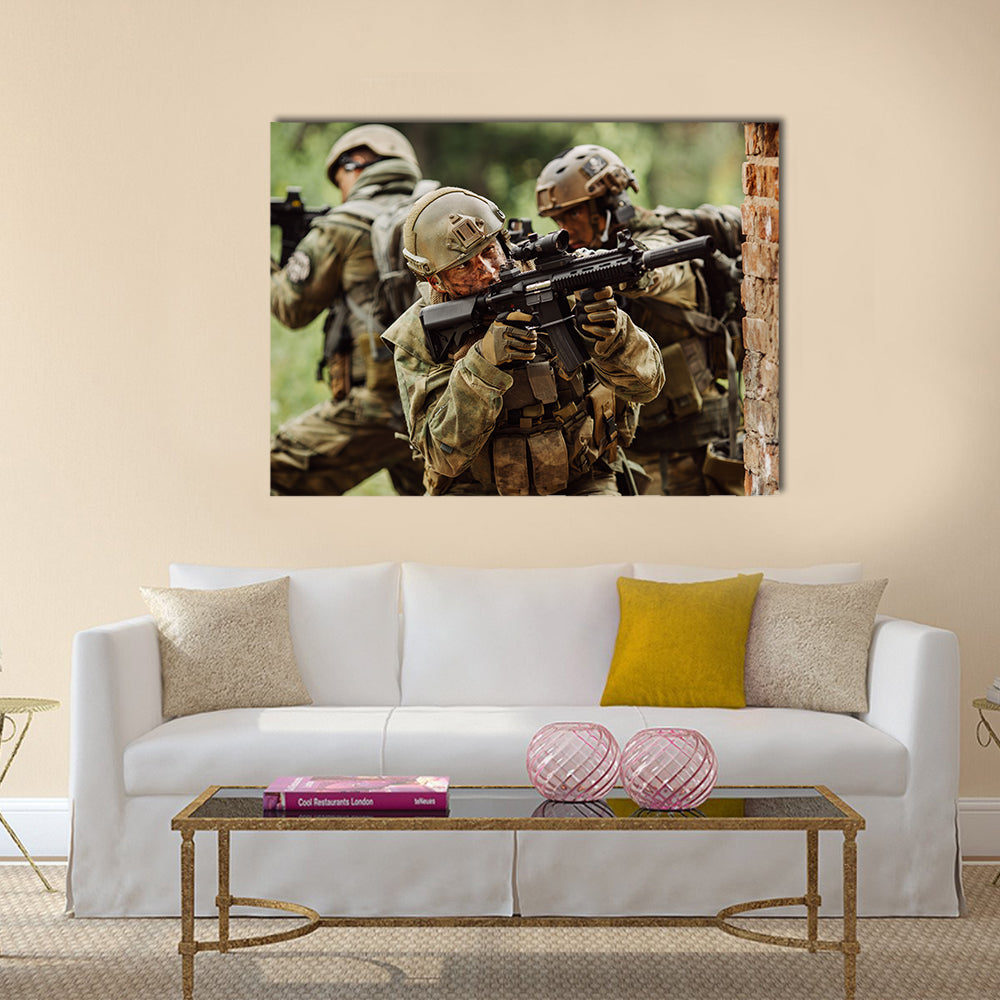 Military solders stormed the building Multi Panel Canvas Wall Art