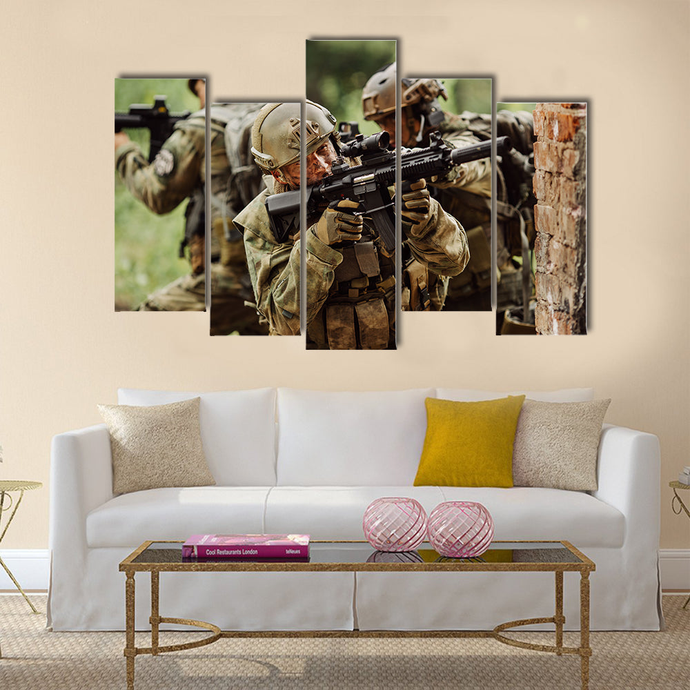 Military soliders stormed the building Multi Panel Canvas Wall Art