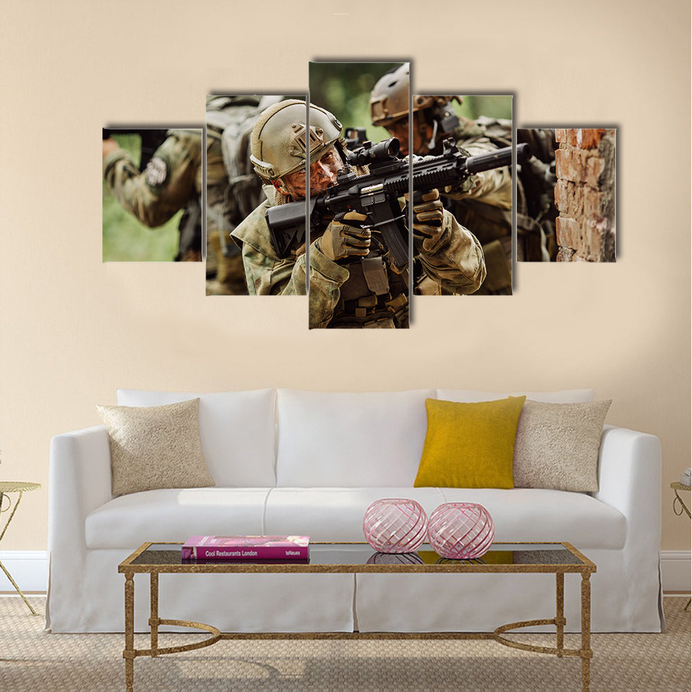 Military soliders stormed the building Multi Panel Canvas Wall Art