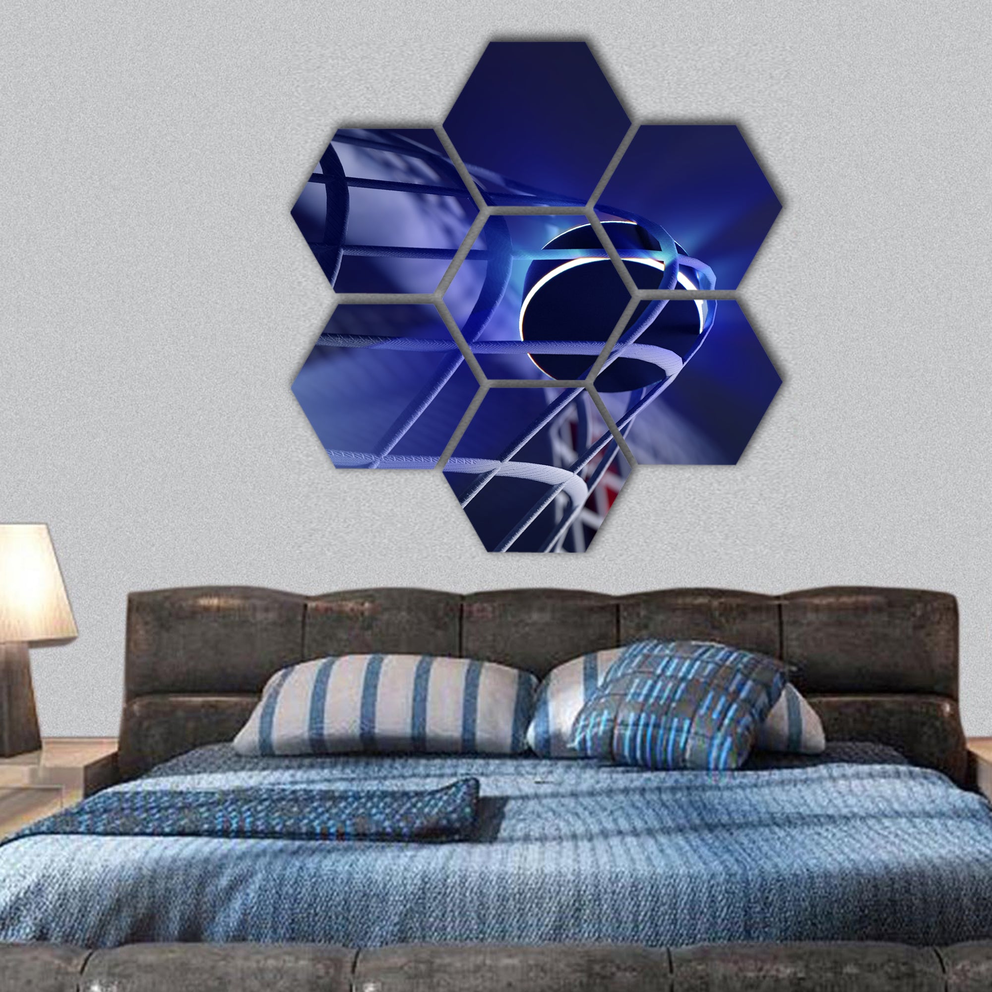 illustration of puck in net of ice hockey goal hexagonal canvas wall art