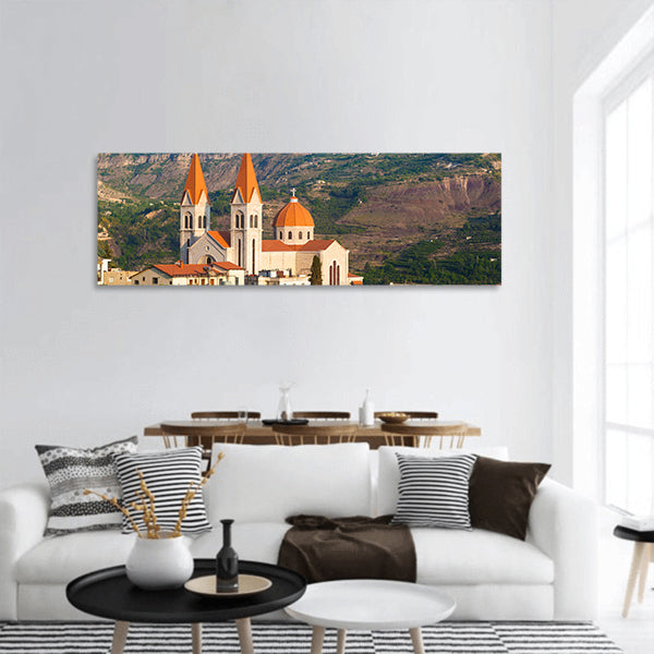 Beautiful church in Bsharri, Qadisha valley, Lebanon panoramic canvas wall art