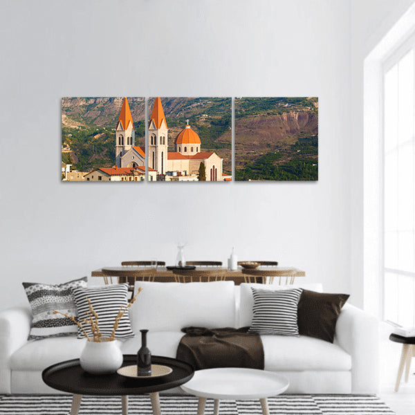 Beautiful church in Bsharri, Qadisha valley, Lebanon panoramic canvas wall art