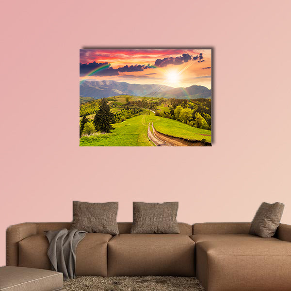 Composite mountain landscape. pine trees by the road through canvas wall art.