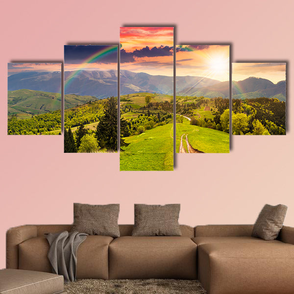 Composite mountain landscape. pine trees by the road through canvas wall art.