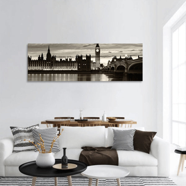 Monochrome Big Ben panoramic canvas wall art