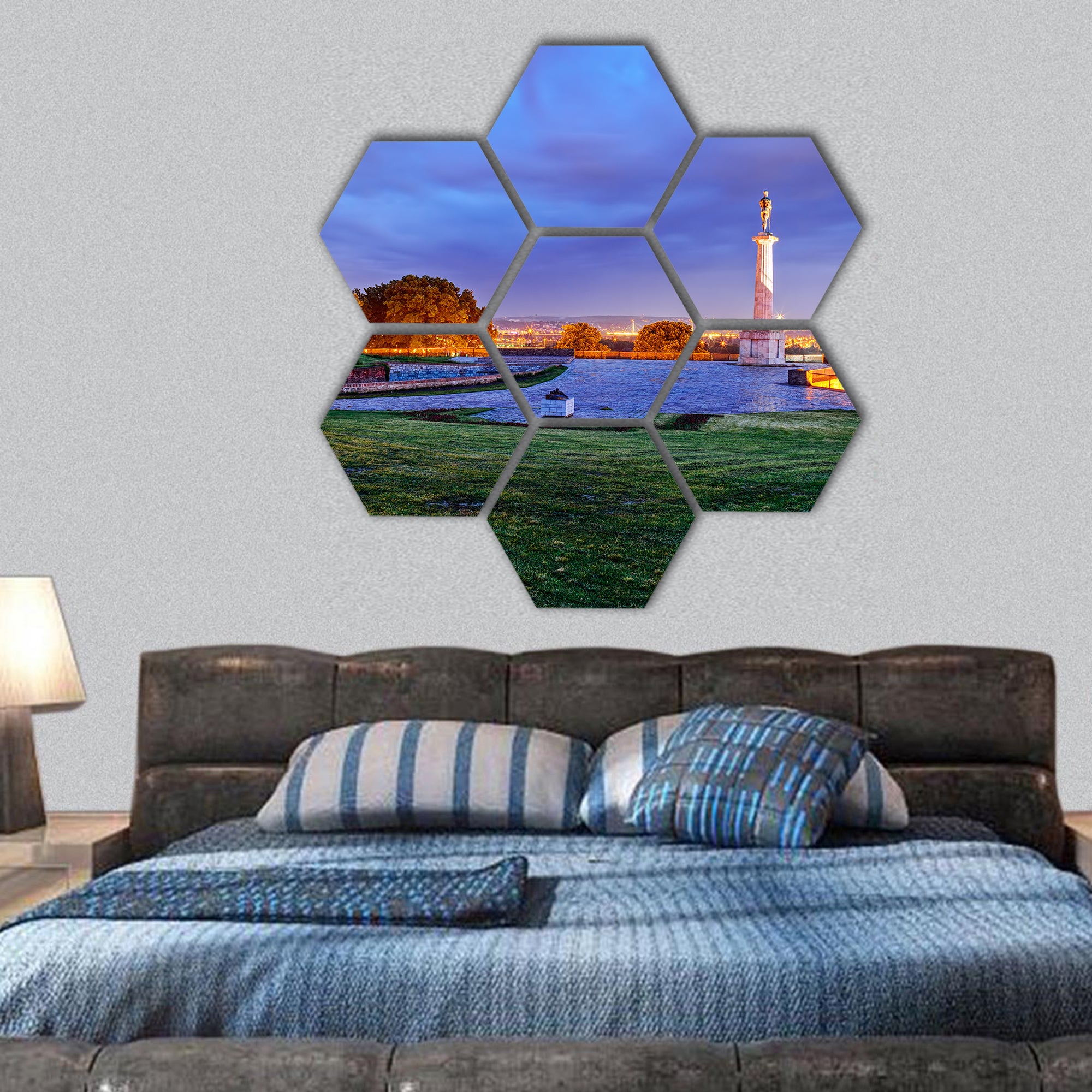 Belgrade fortress at night, Belgrade Serbia hexagonal canvas wall art