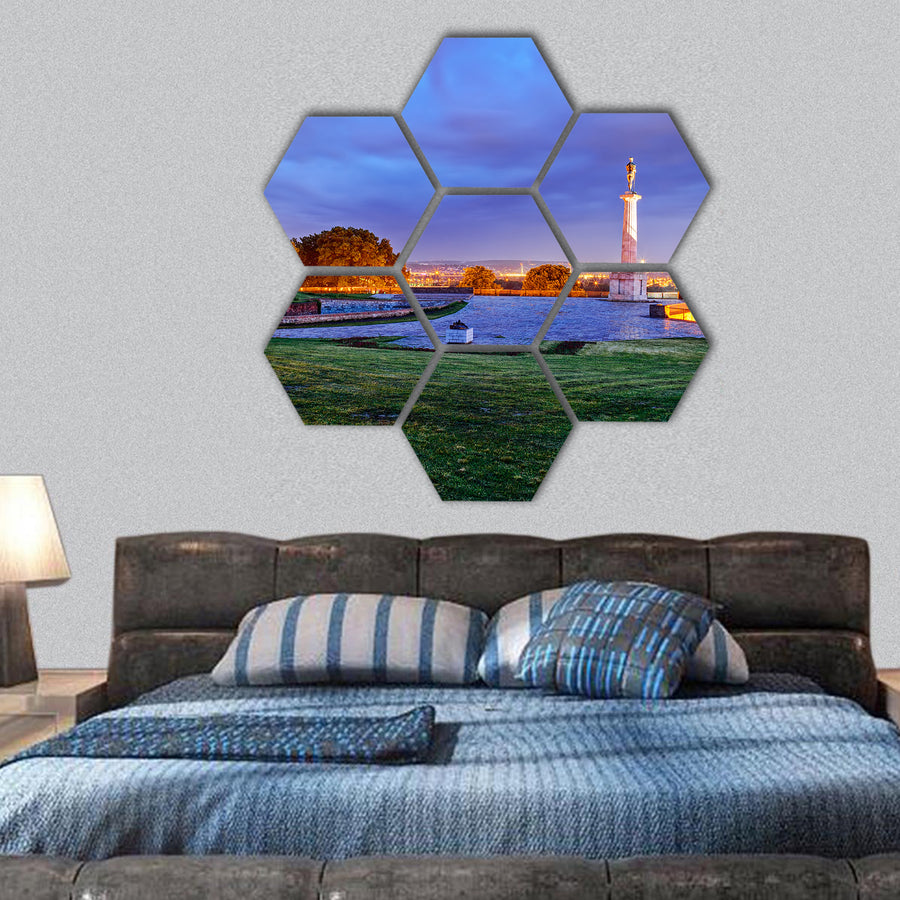 Belgrade fortress at night, Belgrade Serbia hexagonal canvas wall art