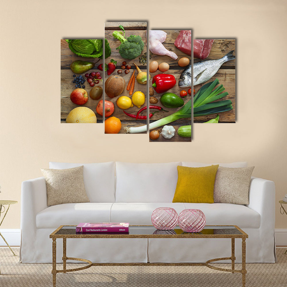 Various Paleo diet products on wooden table, top view Multi panel canvas wall art
