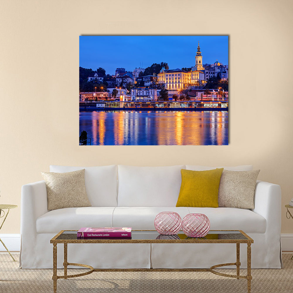 Belgrade at night with river Sava hexagonal canvas wall art