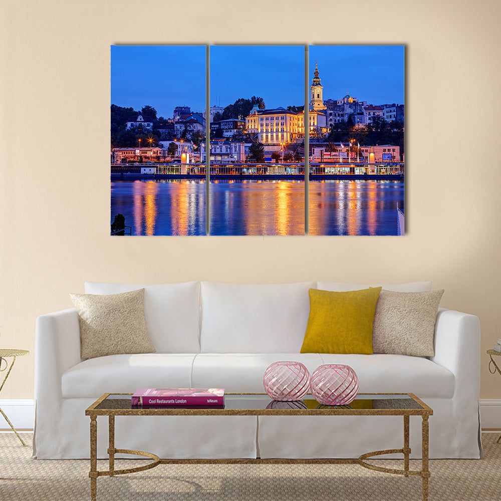 Belgrade at night with river Sava hexagonal canvas wall art