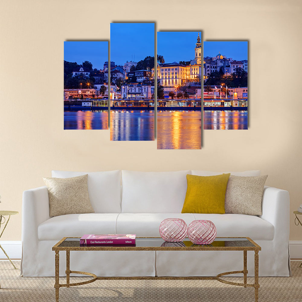 Belgrade at night with river Sava hexagonal canvas wall art