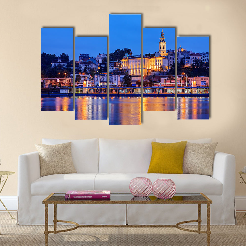 Belgrade at night with river Sava hexagonal canvas wall art