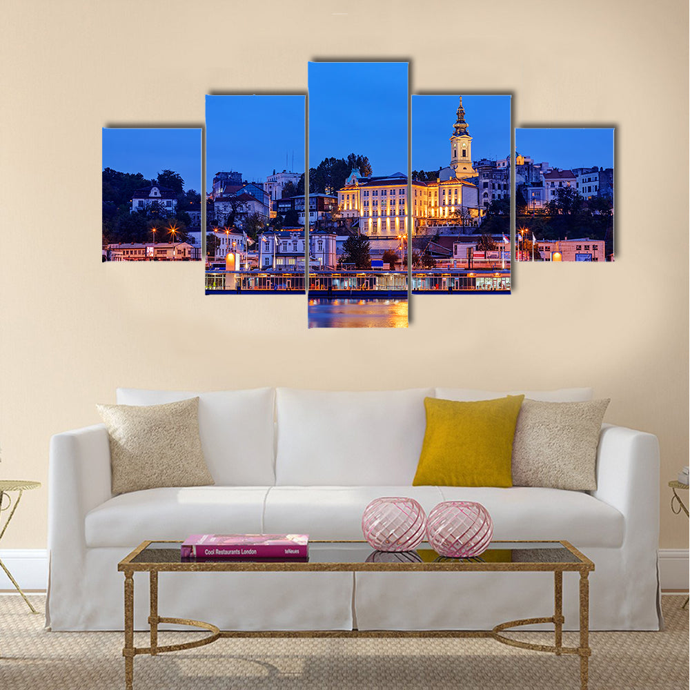 Belgrade at night with river Sava hexagonal canvas wall art