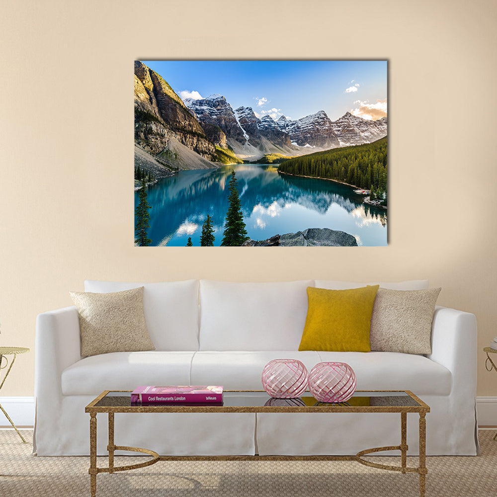 Landscape view of Moraine lake and mountain range at sunset  multi panel canvas wall art