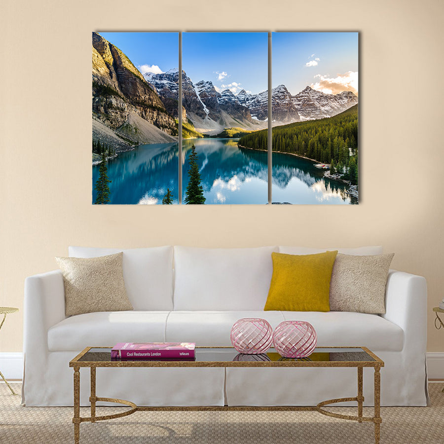 Landscape view of Moraine lake and mountain range at sunset  multi panel canvas wall art