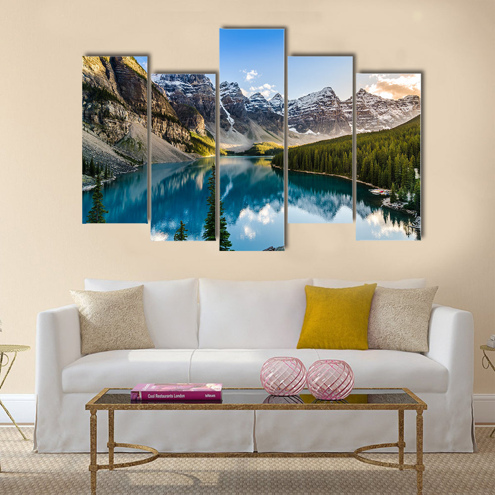 Landscape view of Moraine lake and mountain range at sunset  multi panel canvas wall art