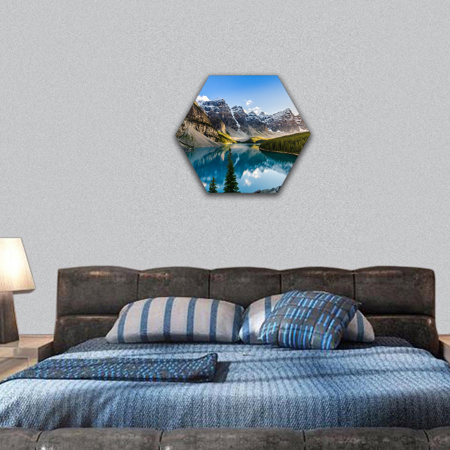 Moraine lake and mountain range at sunset in Canada hexagonal canvas wall art
