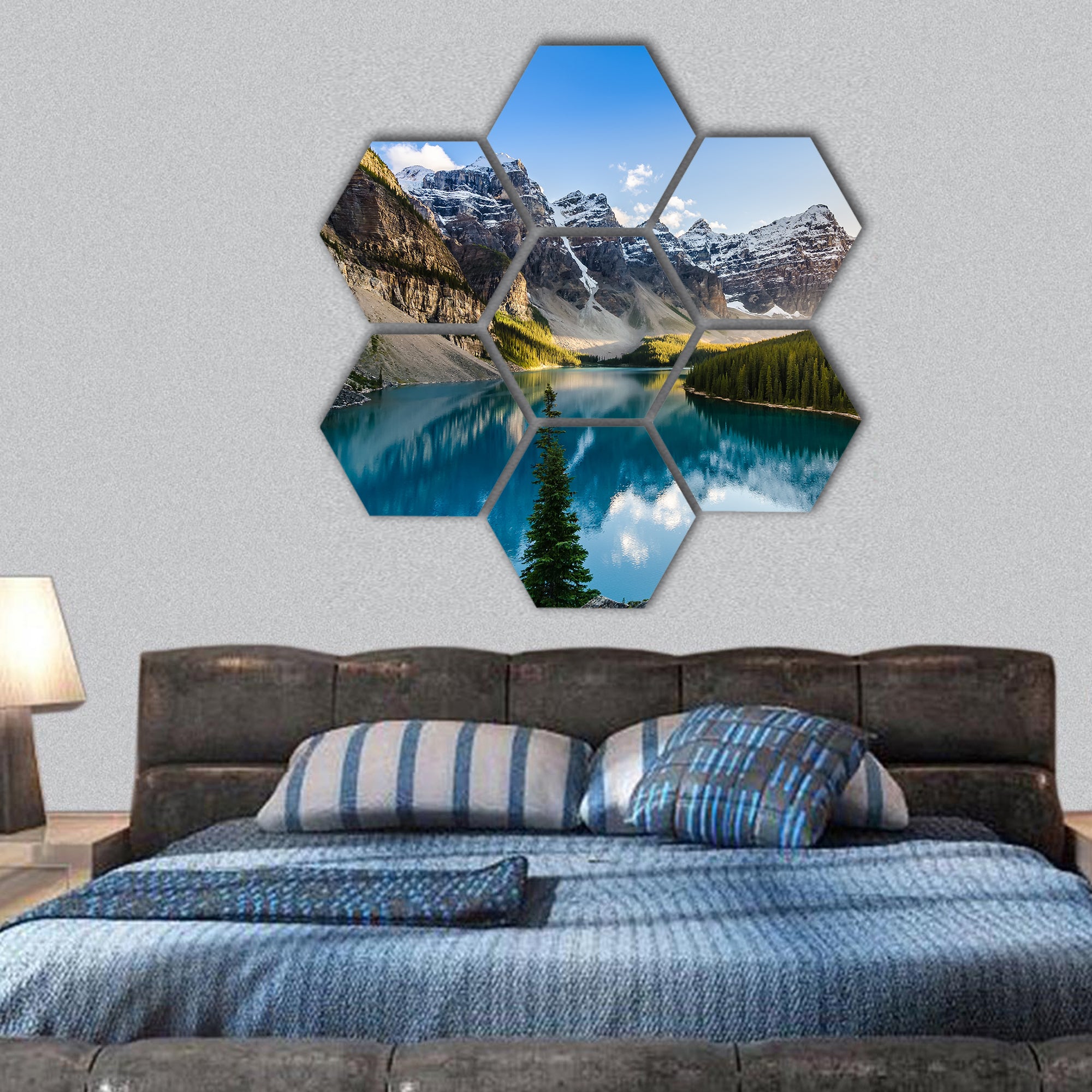 Moraine lake and mountain range at sunset in Canada hexagonal canvas wall art