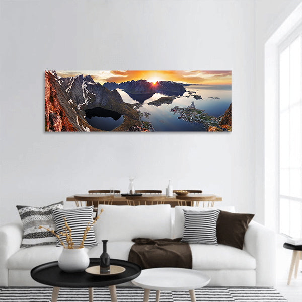 Mountain coast landscape at sunset, Norway panoramic canvas wall art