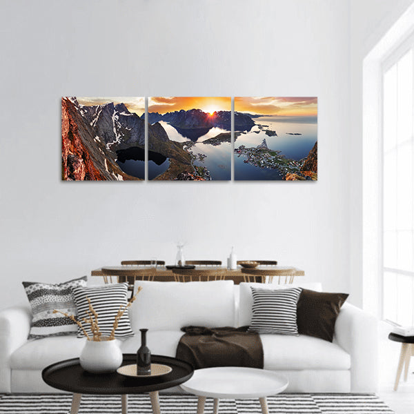 Mountain coast landscape at sunset, Norway panoramic canvas wall art