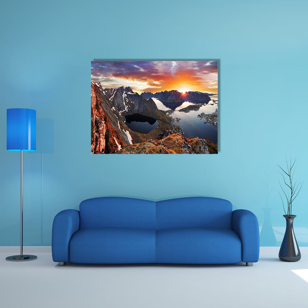 Mountain coast landscape at sunset, Norway multi panel canvas wall art