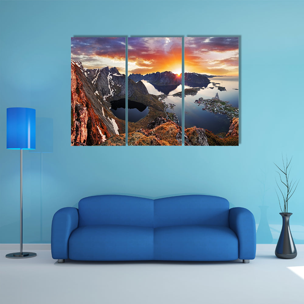 Mountain coast landscape at sunset, Norway multi panel canvas wall art