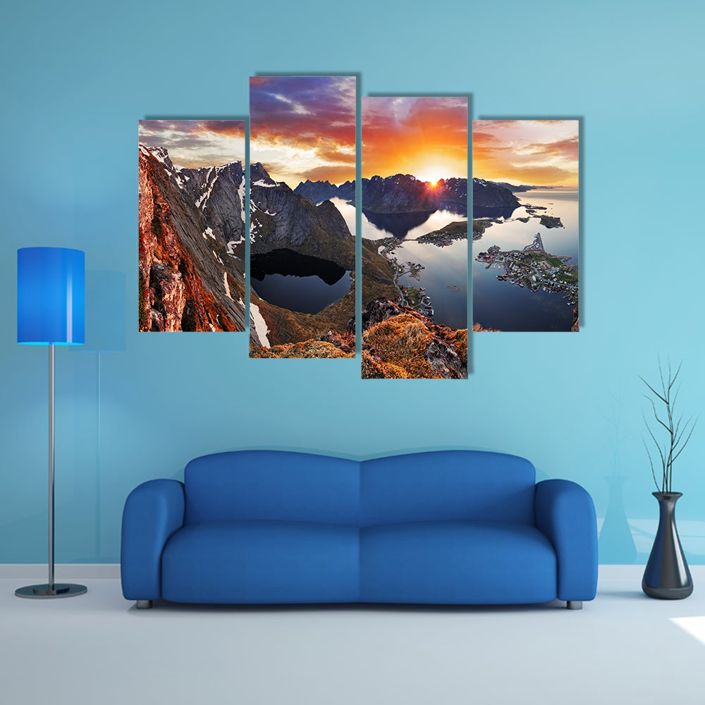 Mountain coast landscape at sunset, Norway multi panel canvas wall art