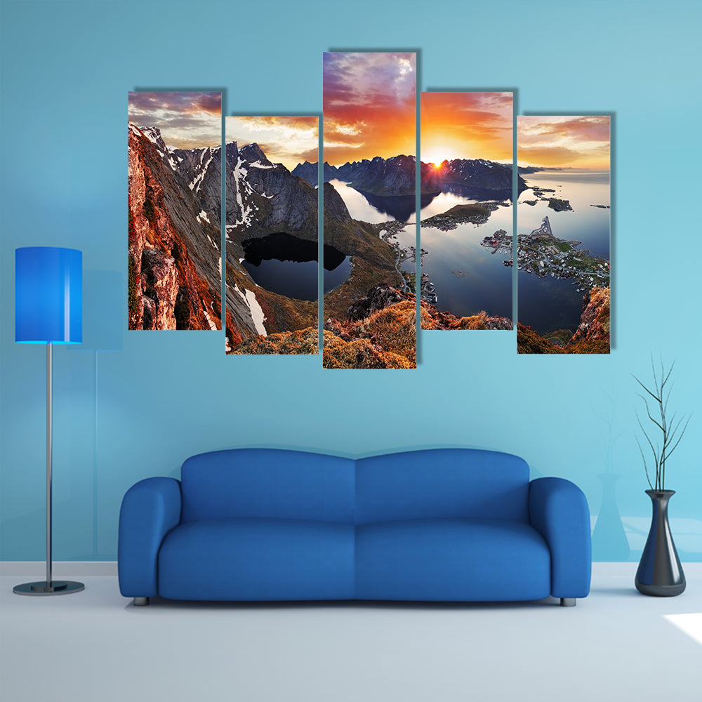 Mountain coast landscape at sunset, Norway multi panel canvas wall art