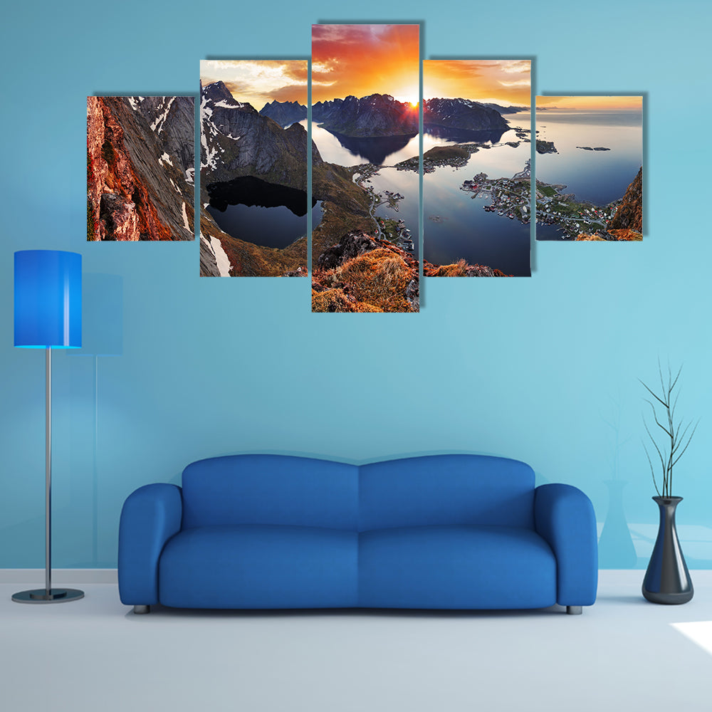 Mountain coast landscape at sunset, Norway multi panel canvas wall art