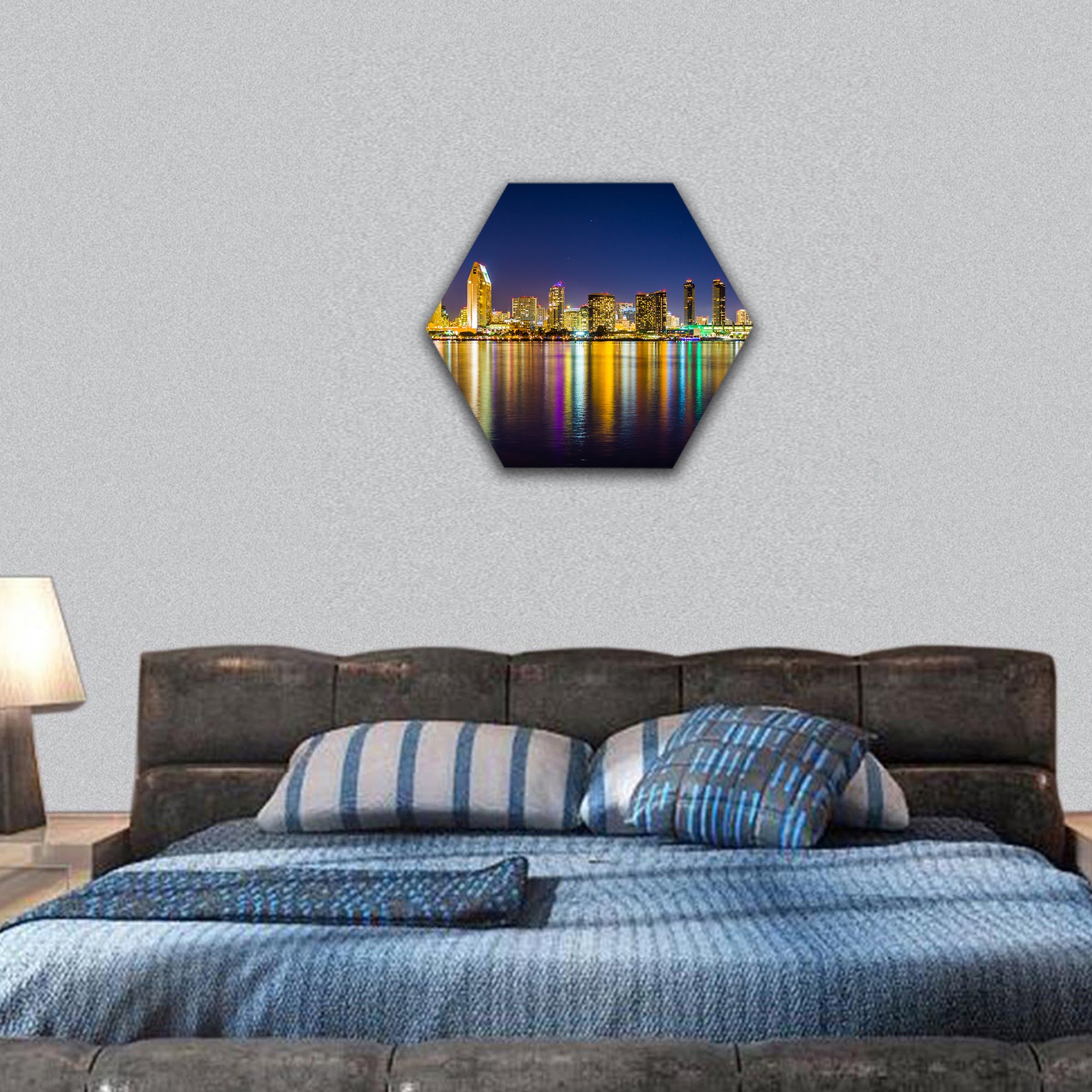 San Diego skyline at night, Centennial Park, Coronado hexagonal canvas wall art