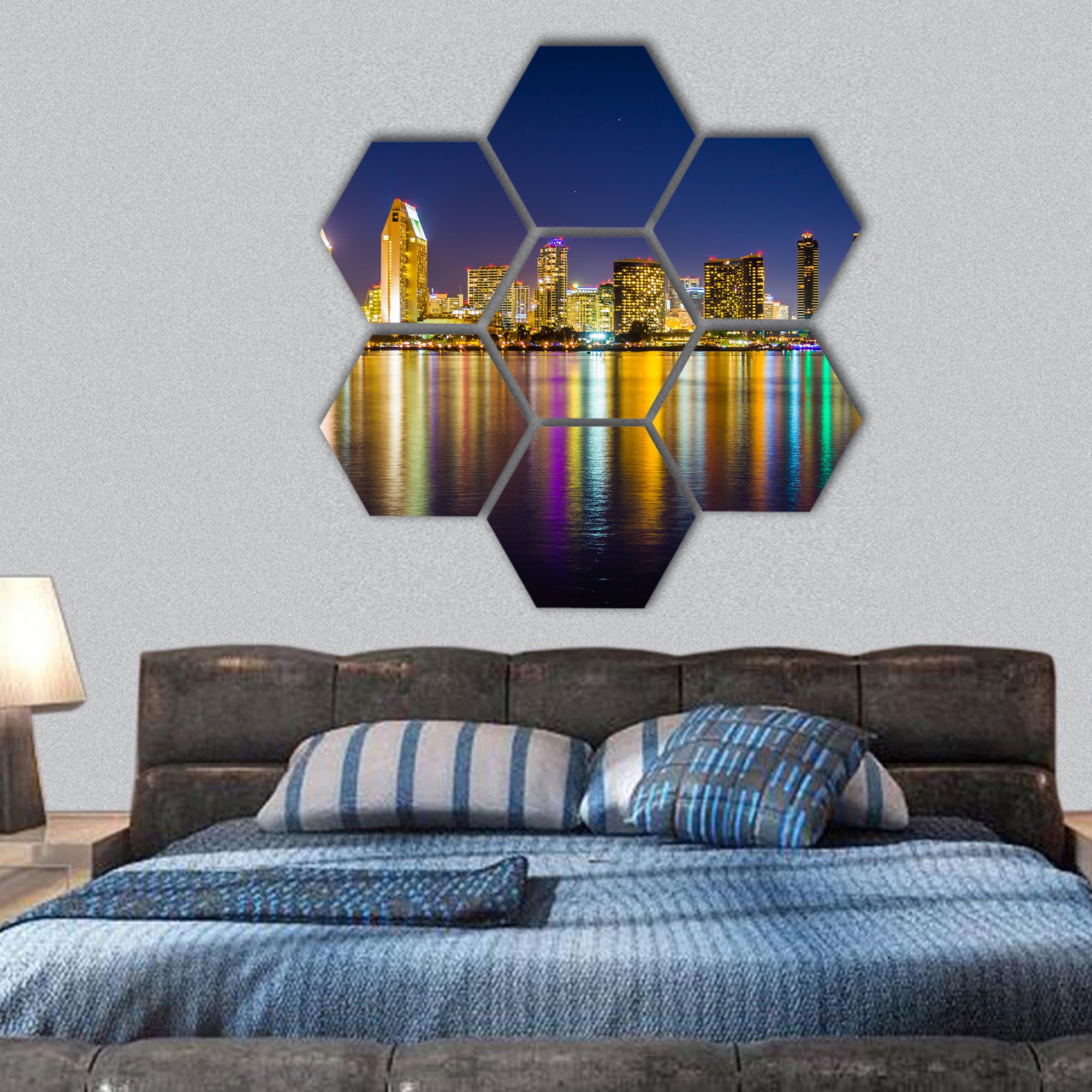 San Diego skyline at night, Centennial Park, Coronado hexagonal canvas wall art