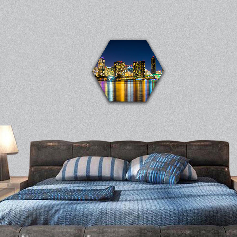 San Diego skyline at night, Centennial Park, Coronado hexagonal canvas wall art