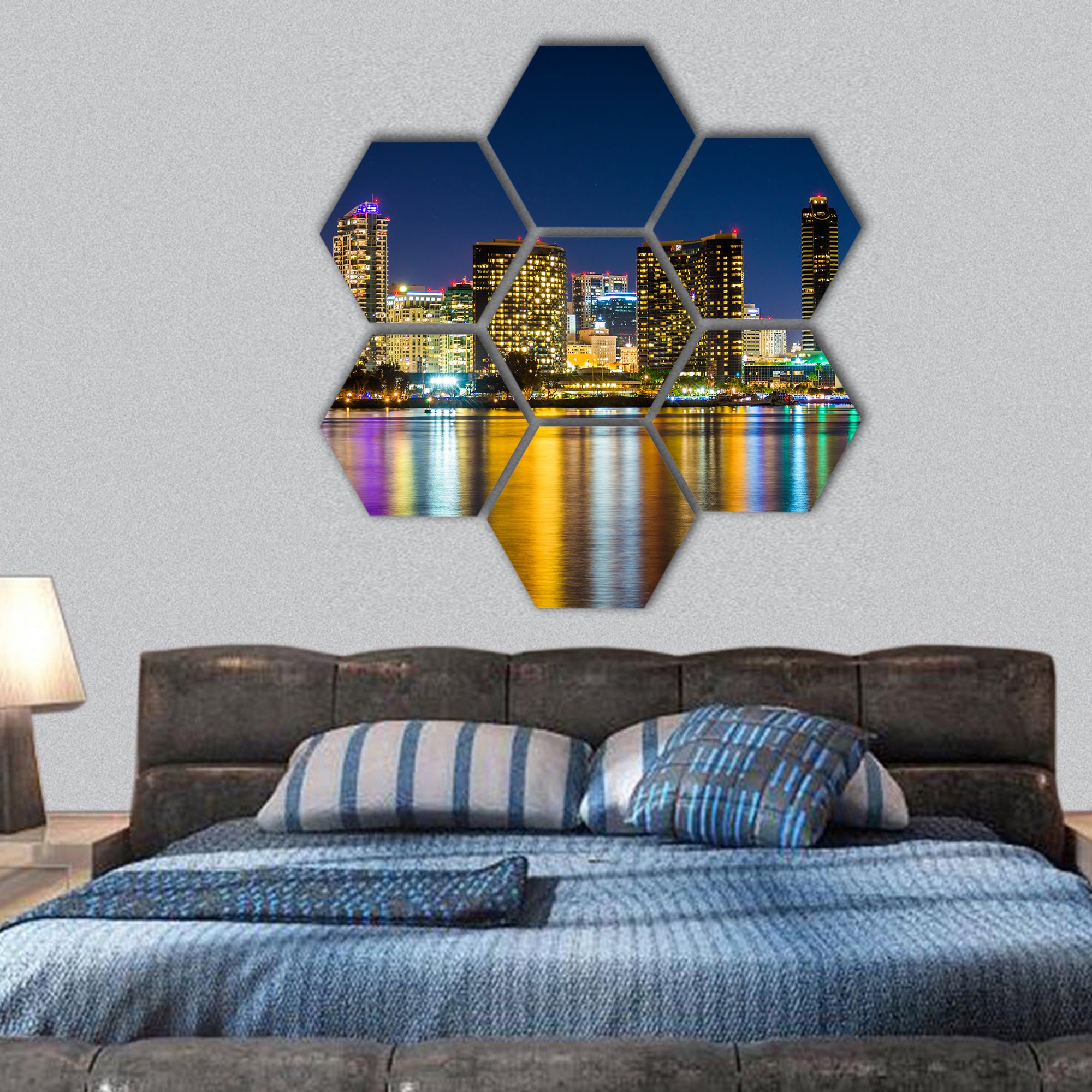 San Diego skyline at night, Centennial Park, Coronado hexagonal canvas wall art