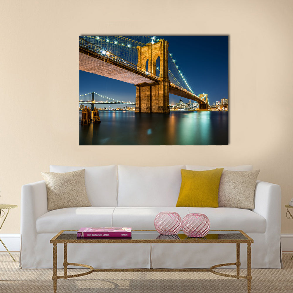 Illuminated Brooklyn Bridge by night Manhattan side Multi panel canvas wall art
