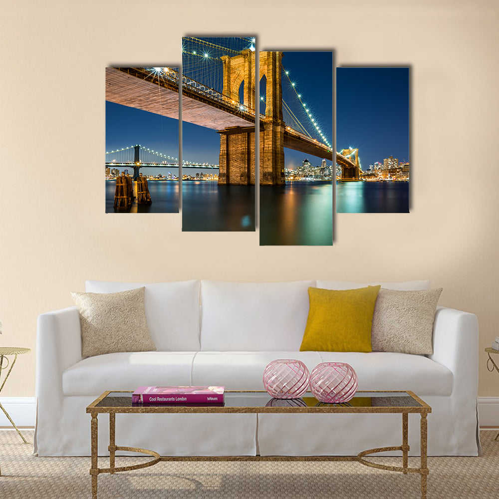 Illuminated Brooklyn Bridge by night Manhattan side Multi panel canvas wall art