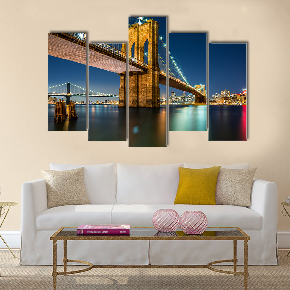 Illuminated Brooklyn Bridge by night Manhattan side Multi panel canvas wall art