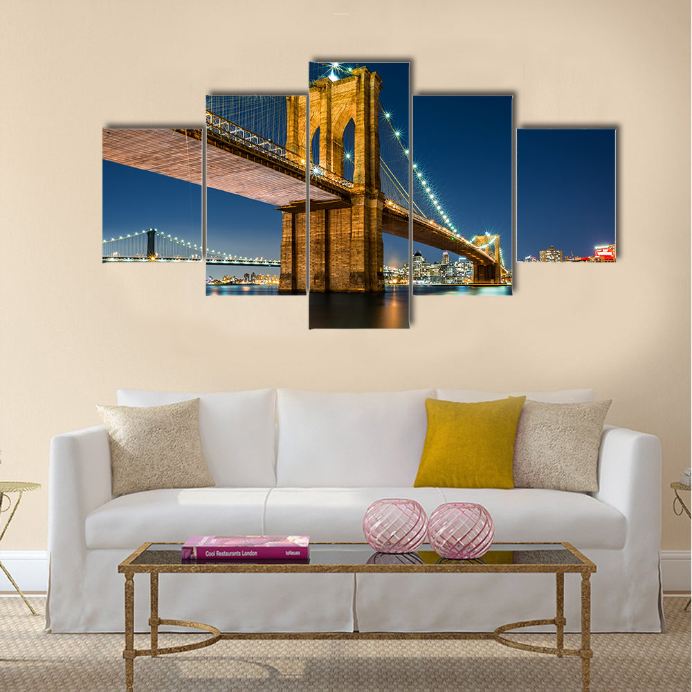 Illuminated Brooklyn Bridge by night Manhattan side Multi panel canvas wall art
