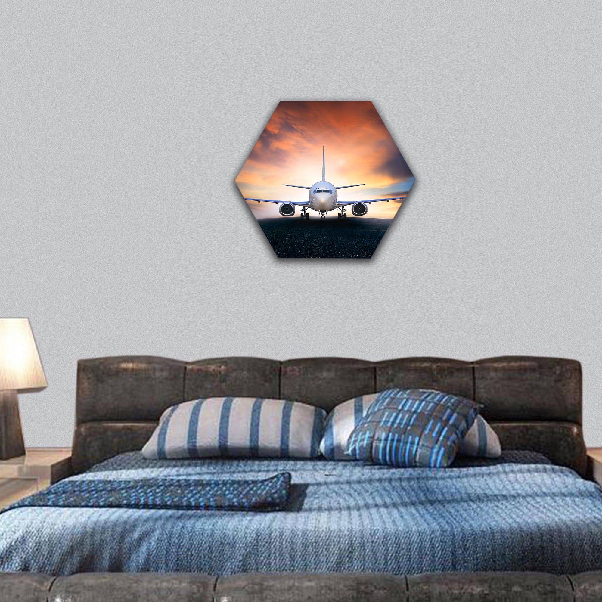 air plane preparing to take off on airport runways hexagonal canvas wall art