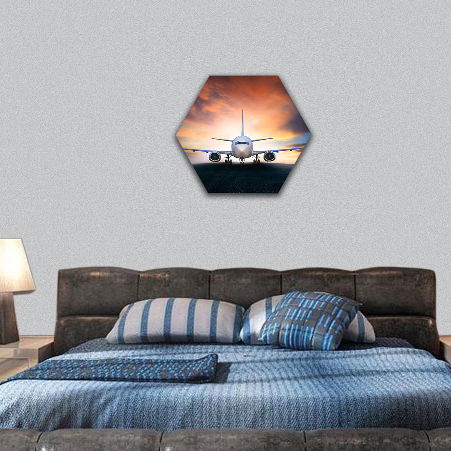 air plane preparing to take off on airport runways hexagonal canvas wall art