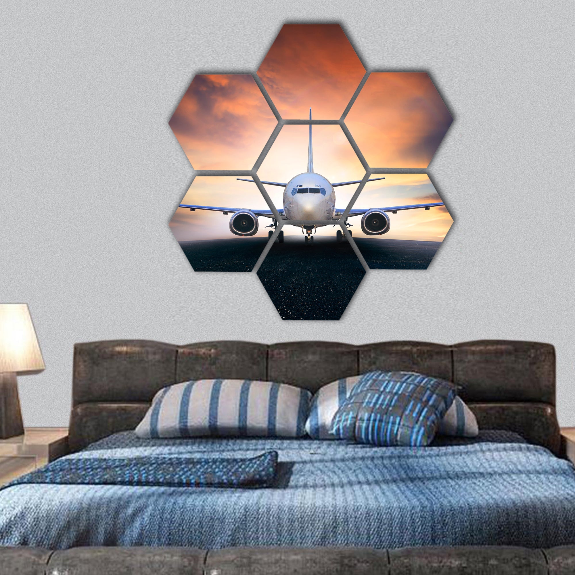 air plane preparing to take off on airport runways hexagonal canvas wall art