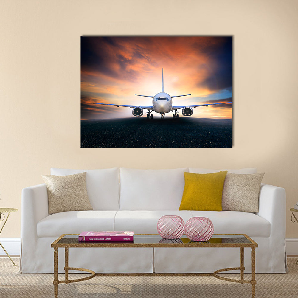 Air plane preparing to take off on airport runways use for air transpor and airliner business traveling multi panel canvas wall art