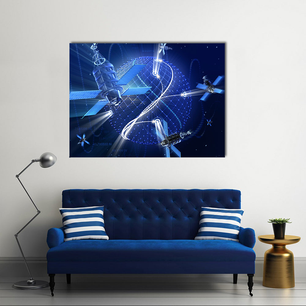 Surveillance Or GPS Satellite System On Earth In A High Technology Illustration Multi Panel Canvas Wall Art